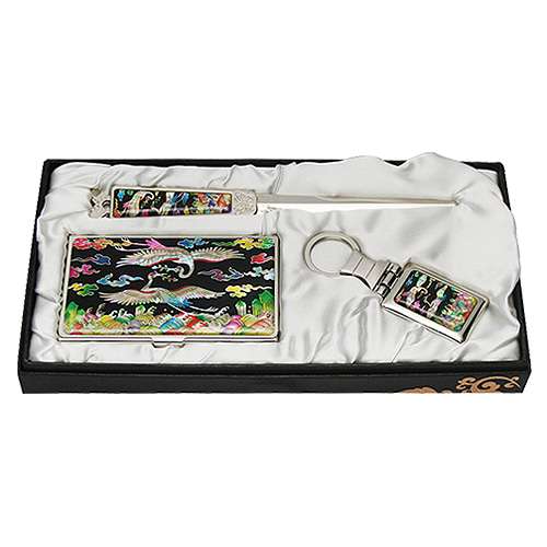 Mother-of-Pearl Business Card Case Jigal 3-Piece Set Chest Badge Crane Black