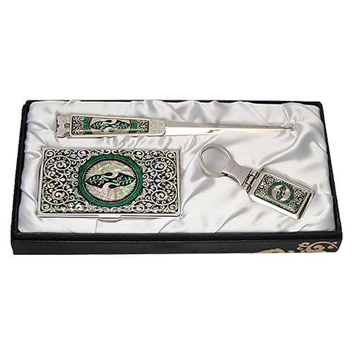 Natural Abalone Business Card Case Jigal 3-Piece Set Pair of Cranes