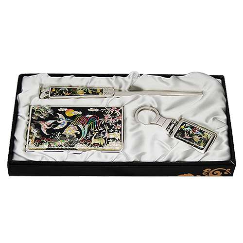 Mother-of-Pearl Business Card Case Jigal 3-Piece Set with Ten Longevity Symbols Design