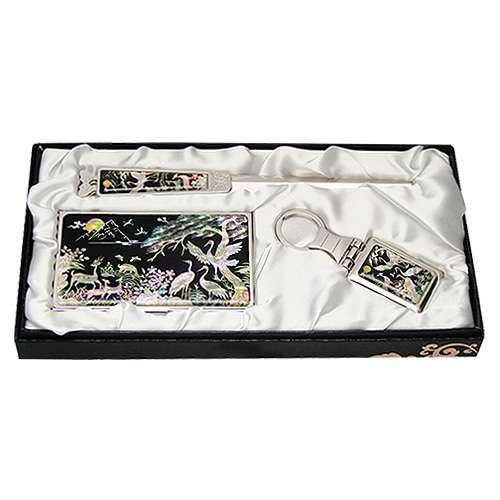 Mother-of-Pearl Business Card Case Jigal 3-Piece Set Deer and Crane