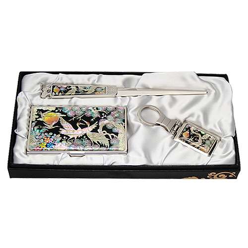 Mother-of-Pearl Business Card Case Jigal 3-Piece Set Royal Cranes 1
