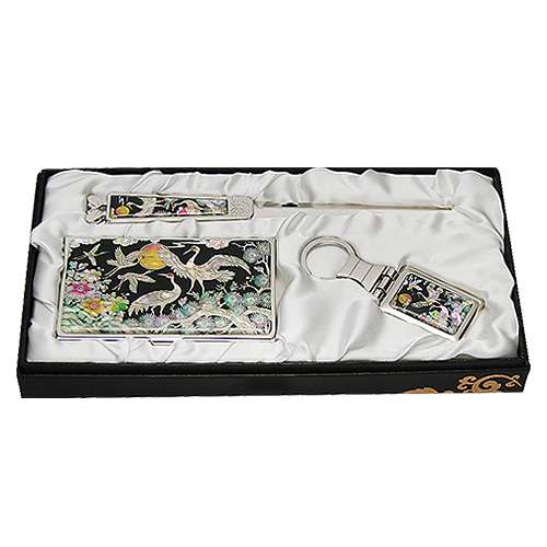 Shell Inlay Business Card Case and Paper Knife 3-Piece Set - Royal Crane Design 3
