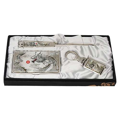 Mother-of-Pearl Business Card Case and Nail File Set, 3-Piece, Black Dragon Design