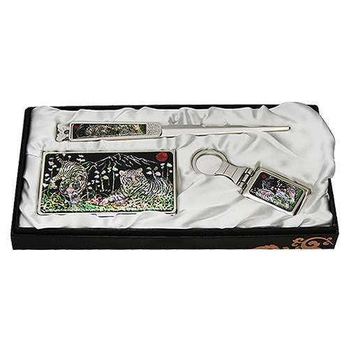Mother-of-Pearl Business Card Case Set of 3 White Tiger Design
