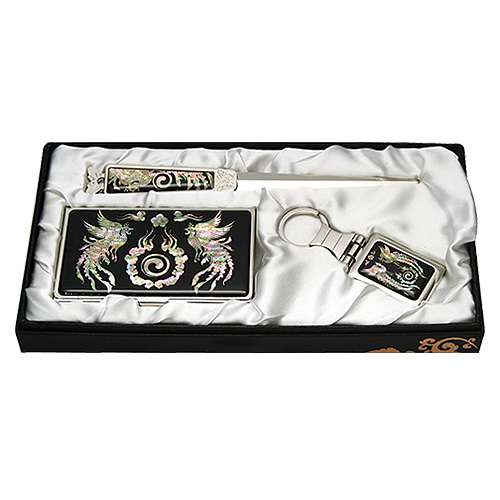 Natural Mother-of-Pearl Business Card Case Set, 3-Piece Phoenix Design