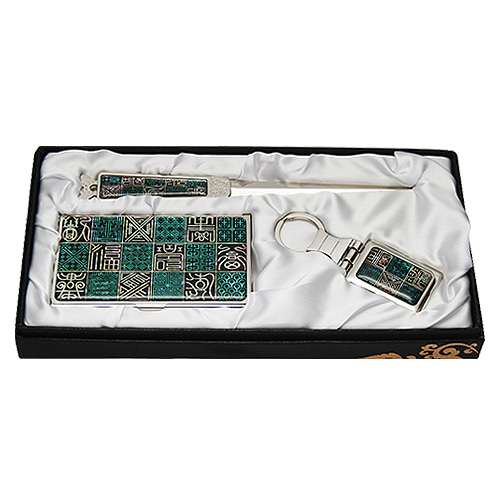 Natural Mother-of-Pearl Business Card Holder Set of 3 - Lattice Window Calligraphy Design