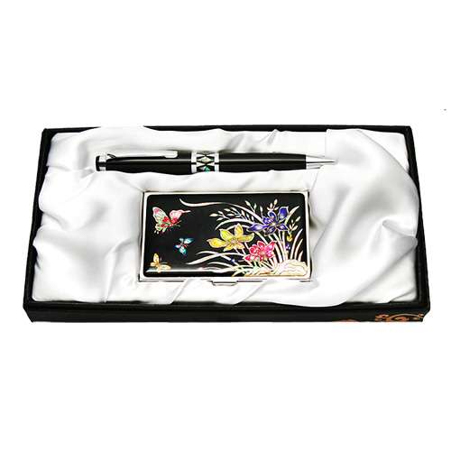 Nacre Ballpoint Pen and Business Card 2-Piece Set - Orchid Flower Pattern