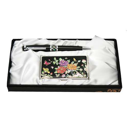 Mother-of-Pearl Ballpoint Pen and Business Card 2-Piece Set - Peony Flower