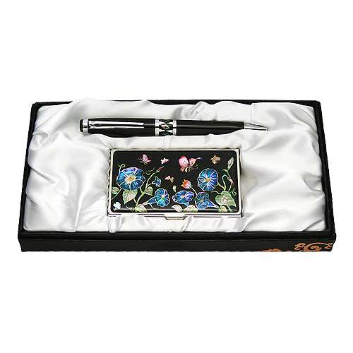 Mother-of-Pearl Ballpoint Pen and Business Card Set - Morning Glory