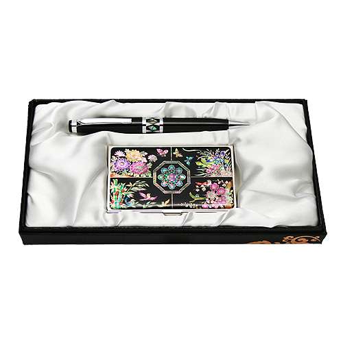 Mother-of-Pearl Ballpoint Pen and Namecard 2-Piece Set - Four Gentlemen Plants Design