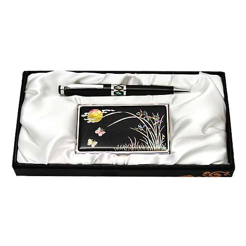 Mother-of-Pearl Ballpoint Pen and Business Card Case Set - Orchid