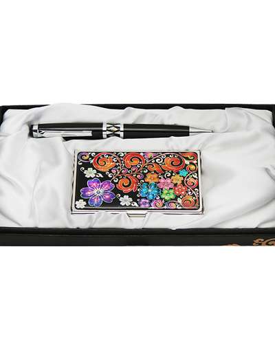 Mother-of-Pearl Ballpoint Pen and Namecard Set 2-Piece - Scrolling Plum Blossom Black