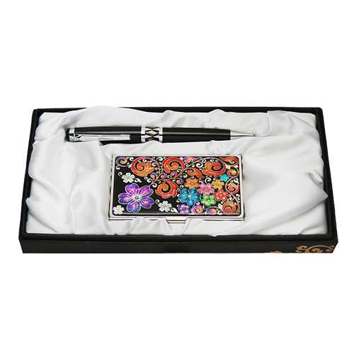 Mother-of-Pearl Ballpoint Pen and Namecard Set 2-Piece - Scrolling Plum Blossom Black