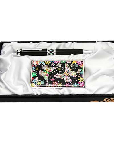 Mother-of-Pearl Ballpoint Pen & Business Card 2-Piece Set Flower Butterfly 1 Black