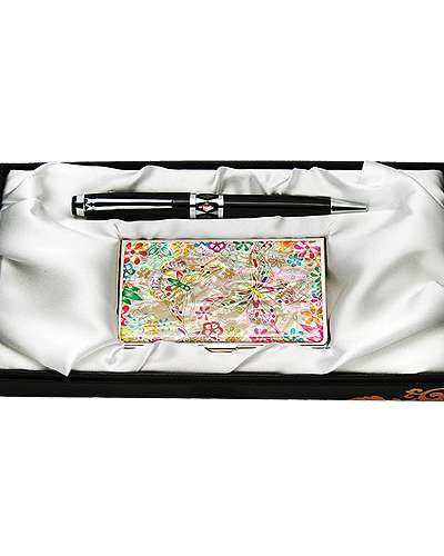 Mother-of-Pearl Ballpoint Pen & Business Card Holder Set Flower Butterfly 1 White