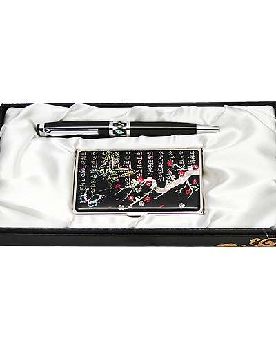 Mother-of-Pearl Ballpoint Pen and Business Card Holder 2-Piece Set Plum Butterfly 1 Black