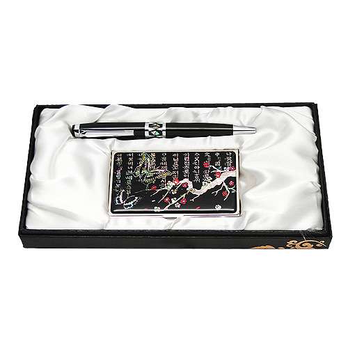 Mother-of-Pearl Ballpoint Pen and Business Card Holder 2-Piece Set Plum Butterfly 1 Black