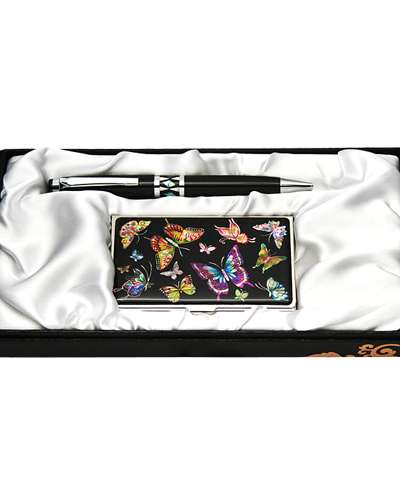Mother-of-Pearl Ballpoint Pen and Business Card Set 2-Piece - Color Butterfly Black