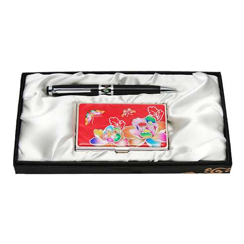 Mother-of-Pearl Ballpoint Pen and Business Card 2-Piece Set - Peony Red