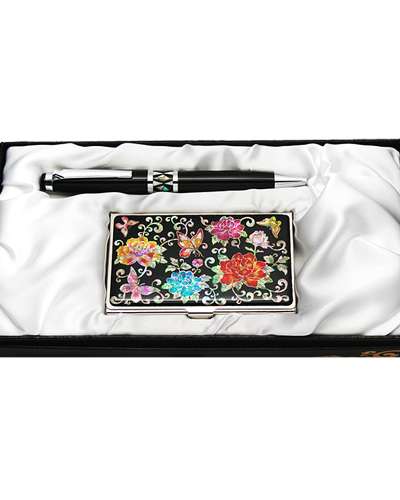 Abalone Shell Ballpoint Pen and Business Card Set - Peony Butterfly Black