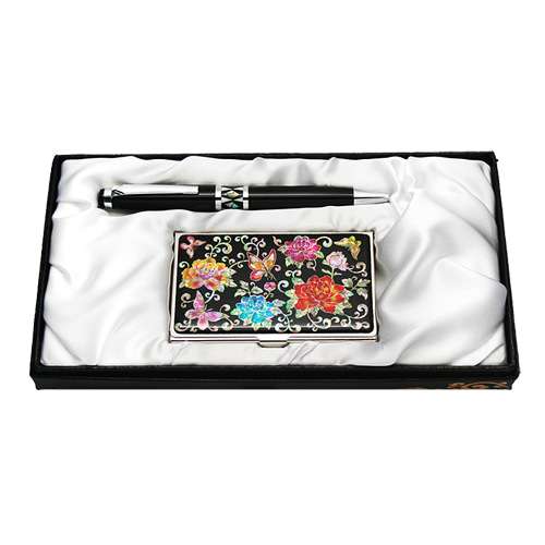 Abalone Shell Ballpoint Pen and Business Card Set - Peony Butterfly Black
