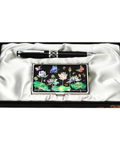 Nacre Ballpoint Pen and Business Card Case Set - Lotus Butterfly