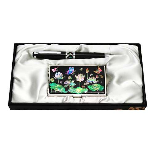 Nacre Ballpoint Pen and Business Card Case Set - Lotus Butterfly