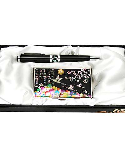 Mother-of-Pearl Ballpoint Pen and Business Card Set, Plum Blossoms and Cranes, Black