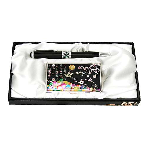 Mother-of-Pearl Ballpoint Pen and Business Card Set, Plum Blossoms and Cranes, Black