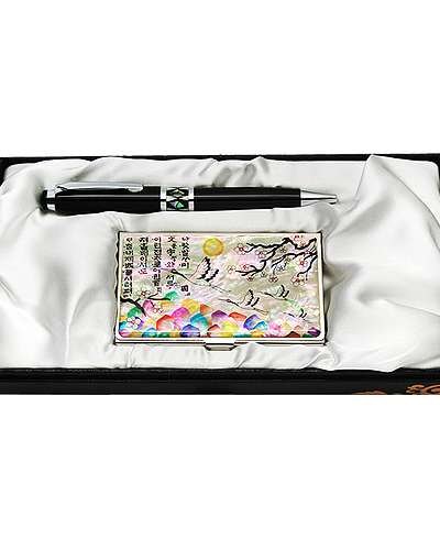 Mother-of-Pearl Ballpoint Pen and Business Card Holder Set - Plum and Crane (White)