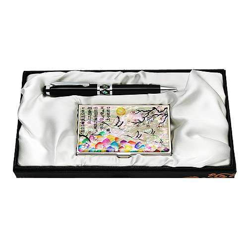 Mother-of-Pearl Ballpoint Pen and Business Card Holder Set - Plum and Crane (White)