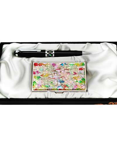 Mother-of-Pearl Ballpoint Pen & Business Card 2-Piece Set - Crane Insignia (White)