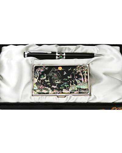 Mother-of-Pearl Ballpoint Pen & Business Card Set - Ten Symbols of Longevity