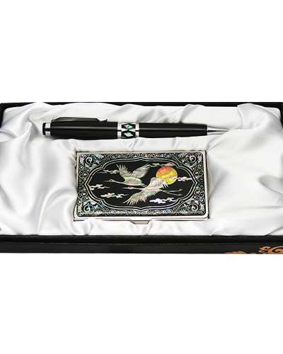 Mother-of-Pearl Ballpoint Pen and Business Card 2-Piece Set - Cloud and Crane