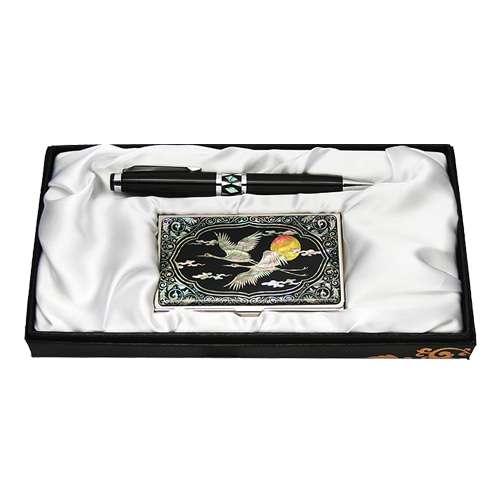 Mother-of-Pearl Ballpoint Pen and Business Card 2-Piece Set - Cloud and Crane