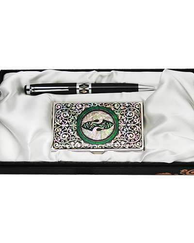 Mother-of-Pearl Ballpoint Pen and Business Card Set - Pair of Cranes