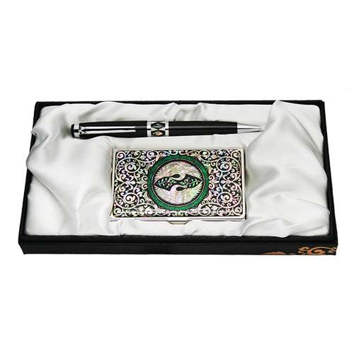Mother-of-Pearl Ballpoint Pen and Business Card Set - Pair of Cranes