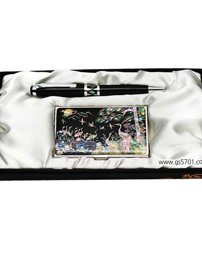 Mother-of-Pearl Ballpoint Pen and Business Card Set - Turtle and Crane
