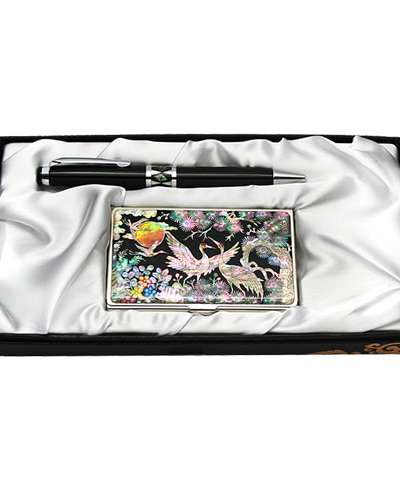 Mother-of-Pearl Ballpoint Pen & Business Card 2-Piece Set - Palace Crane Design 1