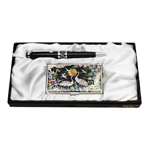 Mother-of-Pearl Ballpoint Pen and Business Card 2-Piece Set - Palace Crane 2