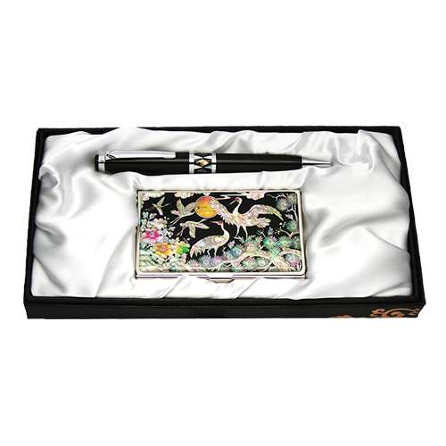 Mother-of-Pearl Ballpoint Pen and Business Card Holder 2-Piece Set - Gilt Palace Cranes 3