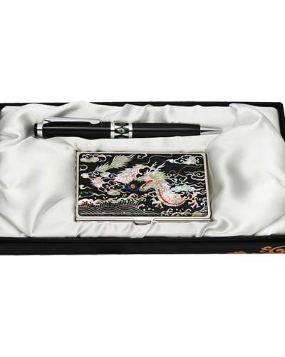 Mother-of-Pearl Ball Pen & Business Card Case 2-Piece Set - Dragon Design