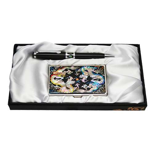 Mother-of-Pearl Ball Pen and Business Card Set - Twin Dragons