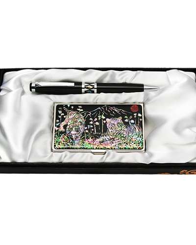 Shell Inlay Ballpoint Pen and Business Card 2-Piece Set White Tiger Design