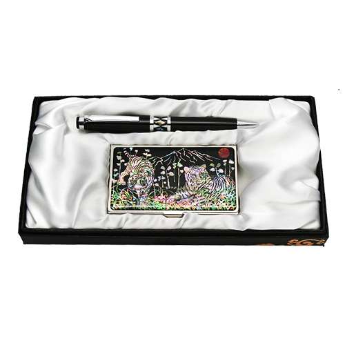 Shell Inlay Ballpoint Pen and Business Card 2-Piece Set White Tiger Design