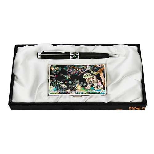 Mother-of-Pearl Ballpoint Pen and Business Card Set - Magpie and Tiger