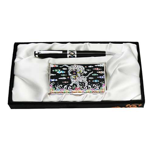 Mother-of-Pearl Ballpoint Pen and Business Card Set - Twin Phoenix Auspicious Pattern
