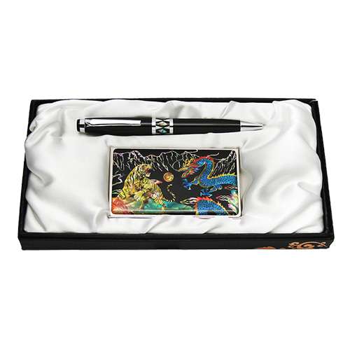Mother-of-Pearl Ballpoint Pen and Business Card Set - Dragon and Tiger
