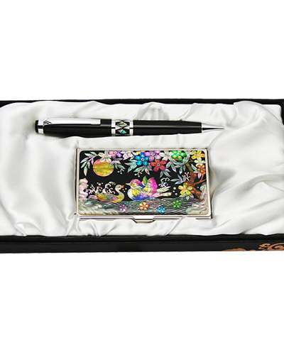 Mother-of-Pearl Ballpoint Pen and Business Card 2-Piece Set - Mandarin Duck
