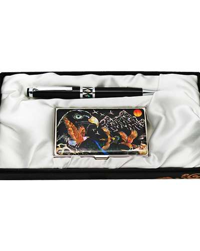 Mother-of-Pearl Ballpoint Pen and Business Card Holder Set - Eagle